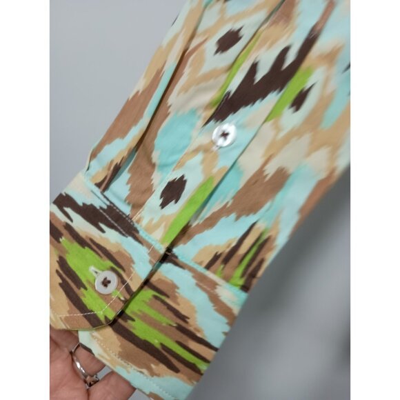 Tizzie Wearable Art Tunic Top Womens Medium Ikat Print Button Front Long Sleeve - Picture 12 of 14